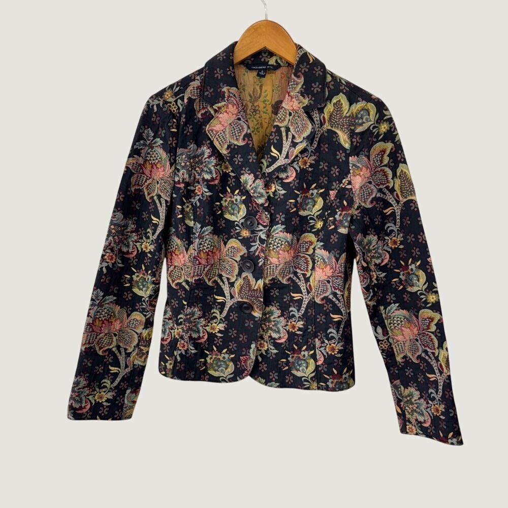 Trousers Etc Tapestry Floral Blazer Jacket Size 6 Black Multicolor Vintage Style